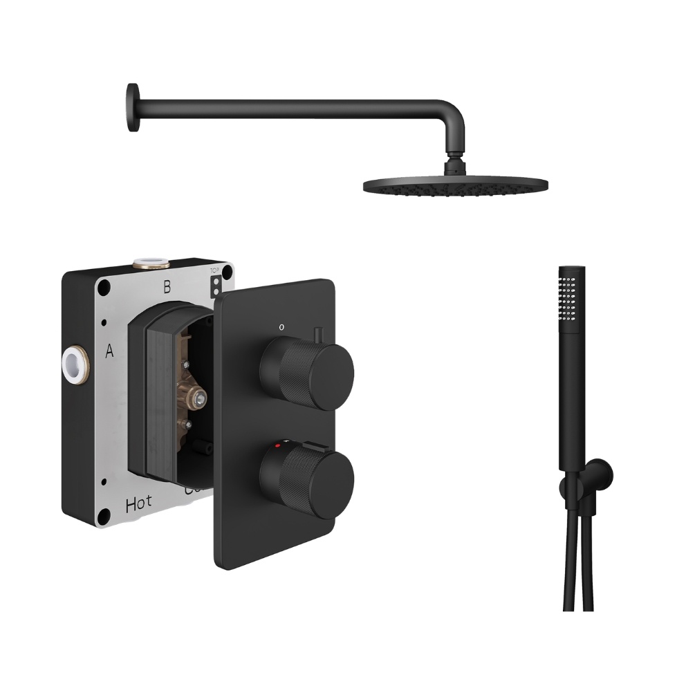 Product Cut out image of the Abacus Iso Pro Matt Black 2 Outlet Shower Pack with Fixed Head & Handset